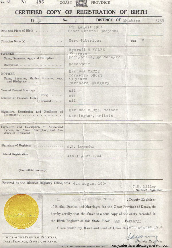 Wolfe's birth certificate